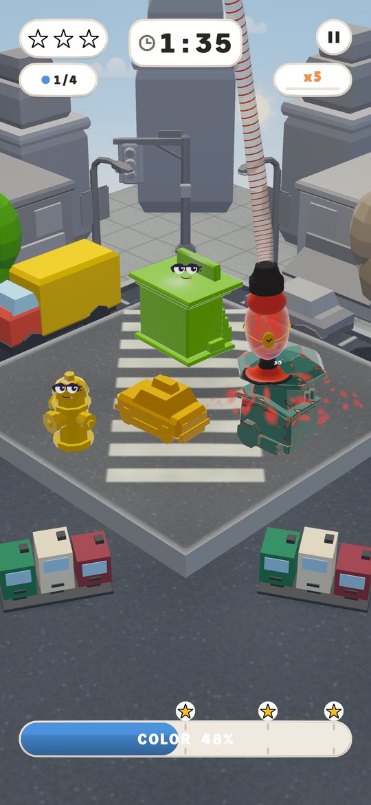 Color Drain level 13, Street Traffic: paint shoots up the nozzle as it drains a Blot off a downtown street corner, with a yellow truck, a green kiosk and a fire hydrant still to clean.