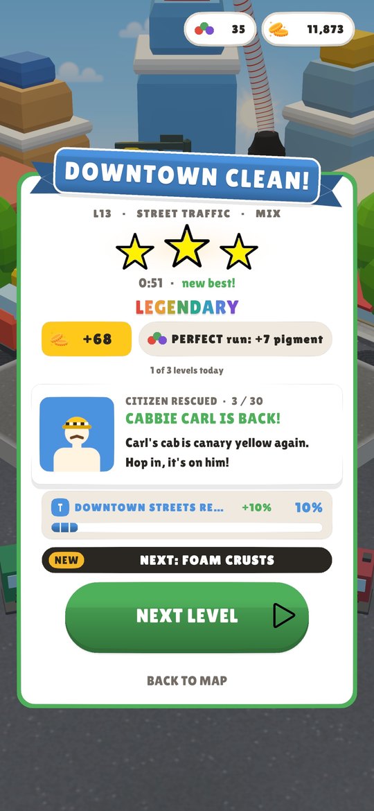 Color Drain level 13 complete with three stars: citizen rescued, 3 of 30, Cabbie Carl is back and his cab is canary yellow again.