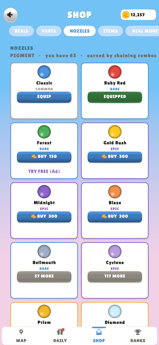Color Drain shop, Nozzles tab: Classic, Ruby Red, Forest, Gold Rush, Midnight, Blaze, Diamond, Bellmouth, Cyclone and Prism.