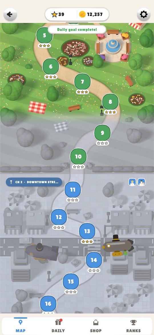 Color Drain city map: Chapter 1, City Entrance, back in full color, and Chapter 2, Downtown Streets, still grey, with an airship drifting over it.