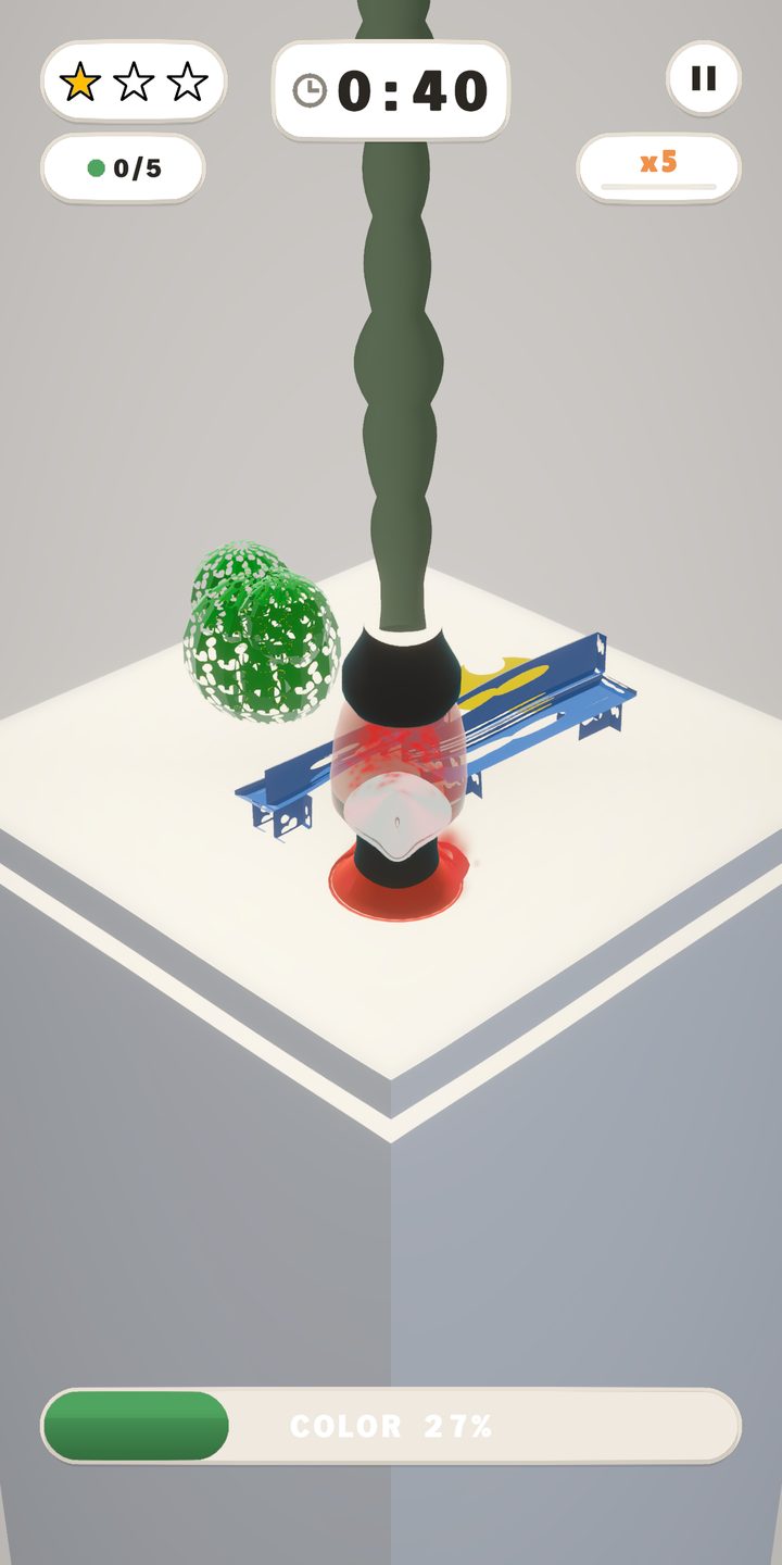Level 8, City Benches: the nozzle drains the red puddle beside two blue benches while a green bush waits, 27% restored with 40 seconds on the clock.