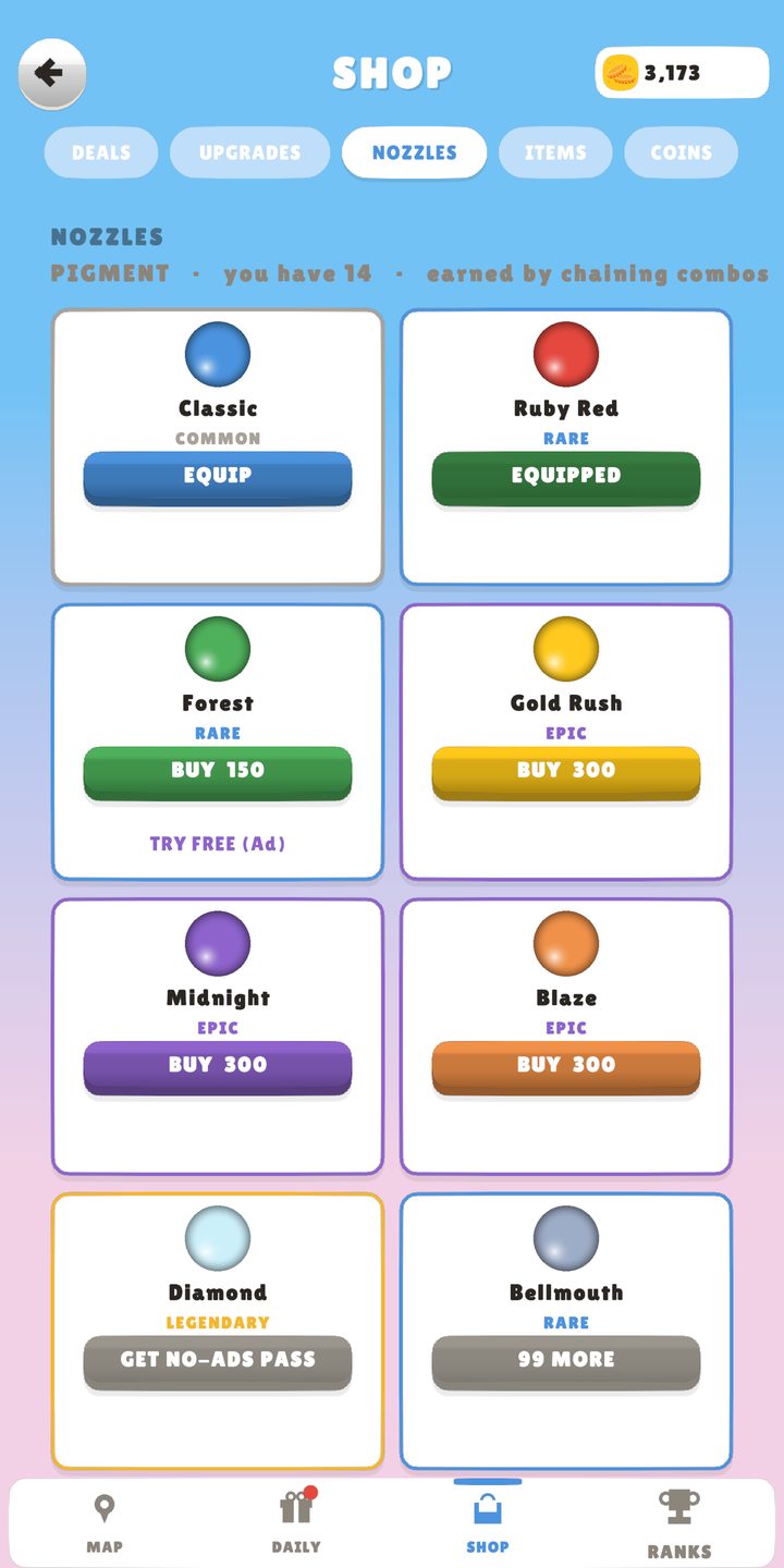 לשונית הזרבוביות בחנות: Classic, Ruby Red (מצוידת), Forest, Gold Rush, Midnight, Blaze, Diamond ו-Behemoth.